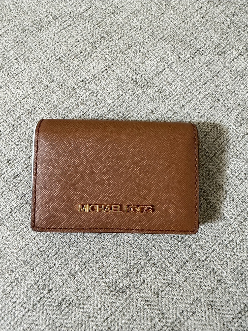 Michael Kors Brown Saffiano Leather Card Case with Gold Logo